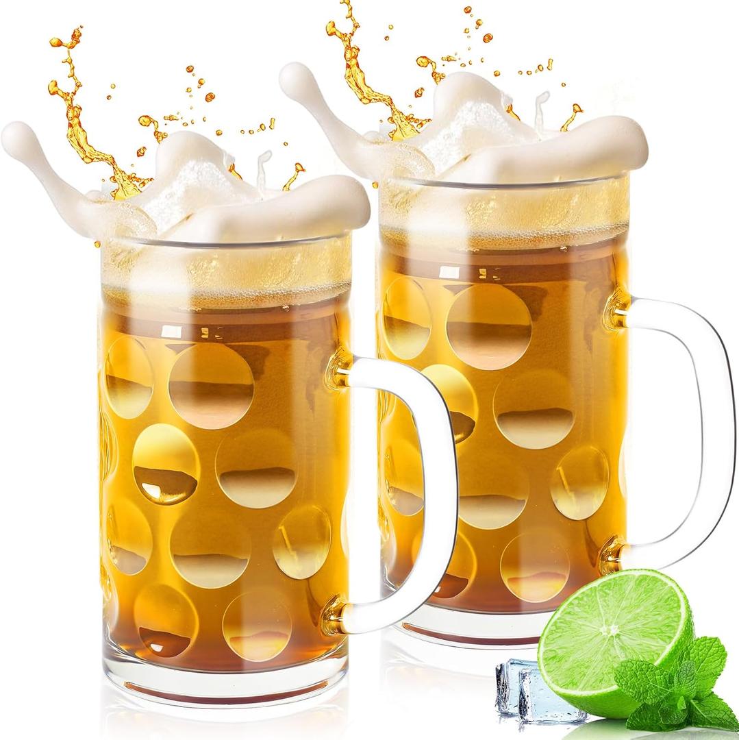 20 OZ Beer Stein Mugs, German Clear Large Tall Beer Glasses With Handle for Men, Wave Point glass Mug Set of 2