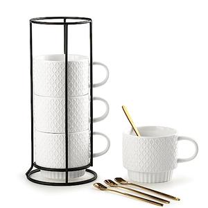 Gomakren Stackable Coffee Mugs Set with Stand, Coffe Cup with Tea Spoon 13 Ounce White Cups for Cappuccino Coffee Drinks Tea, Set of 4, Valentine Gift for Man Women 380ml