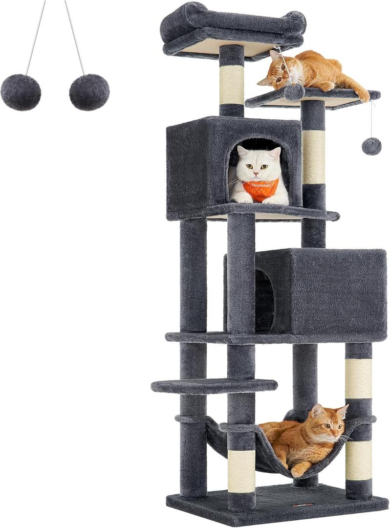 Feandrea Cat Tree, 61-Inch Cat Tower for Indoor Cats, Plush Multi-Level Cat Condo with 5 Scratching Posts, 2 Perches, 2 Caves, Hammock, 2 Pompoms, Smoky Gray UPCT192G01