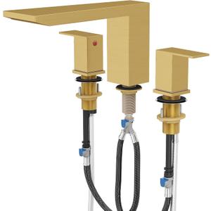 BESy Waterfall Roman Tub Faucets, Deck Mount Bathtub Faucets Set, Garden 3 Holes Two Handles Widespread Bath Tub Filler Tub Faucets with Valve, cUPC Supply Hoses, Brushed Gold