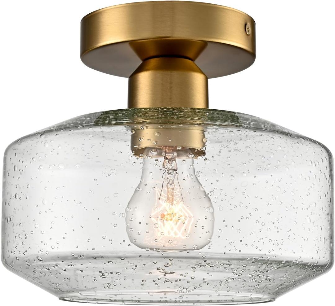 Modern Semi Flush Mount Ceiling Light with Seeded Glass Shade, Brass Gold Flush Mount Ceiling Lights Fixture, Farmhouse Industrial Ceiling Light for Hallway Schoolhouse Laundry Room Kitchen Entryway