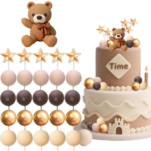 Bear Cake Toppers Bear Balls Cake Decorations with Stars Clouds Cake Toppers for Boy Girl Baby Shower Birthday Party Decorations (Dark Brown Bear Set)