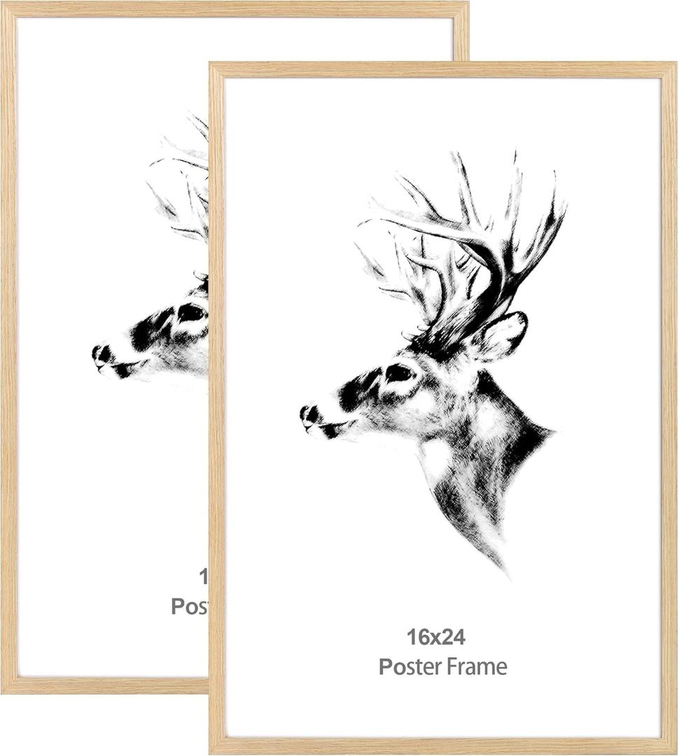 16x24 Picture Frame Set of 2, Natural Solid Oak Wood Poster Frame 16x24 for Wall Gallery, Horizontal and Vertical Wall Mount (2 pack, Oak)