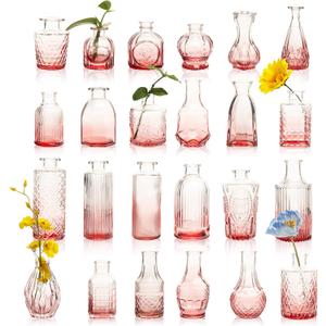 UMEIED 24 Pack Glass Bud Vases in Bulk for Centerpieces, Clear Vintage Decorative Small Vases for Flowers, Wedding Rustic Home Table Decor (Pink)