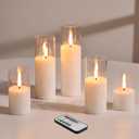 Clear Glass Flameless Candles with Remote Batteries, Flickering Slim LED Pillar Candles Set of 5