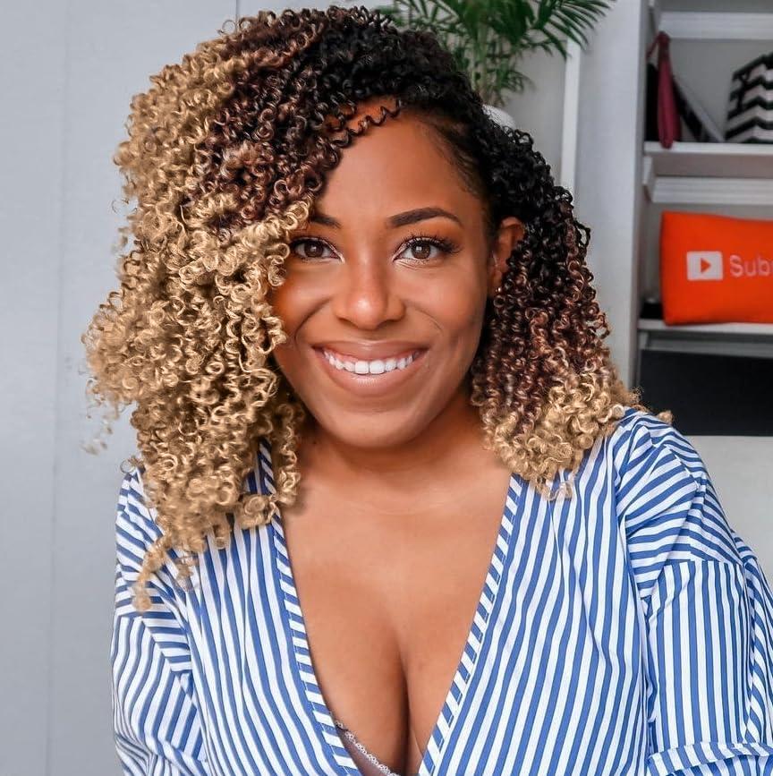 COOKOO 2 PCS Pre-twisted Yanky Twist Crochet Braids Hair 8 Inch Ombre Brown to Blonde Pre Looped Spring Twists Hair Short Water Wave Passion Twists Crochet Hair with Curls 1B/30/27#