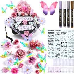 Lyrow 51 Pcs DIY Graduation Cap Decorations Kits Included Grad Cap Pens Faux Flowers Letter Number Stencils Rhinestones Stickers 3D Butterflies for Grad Hat Topper Decors Craft Art DIY(Dark Purple)