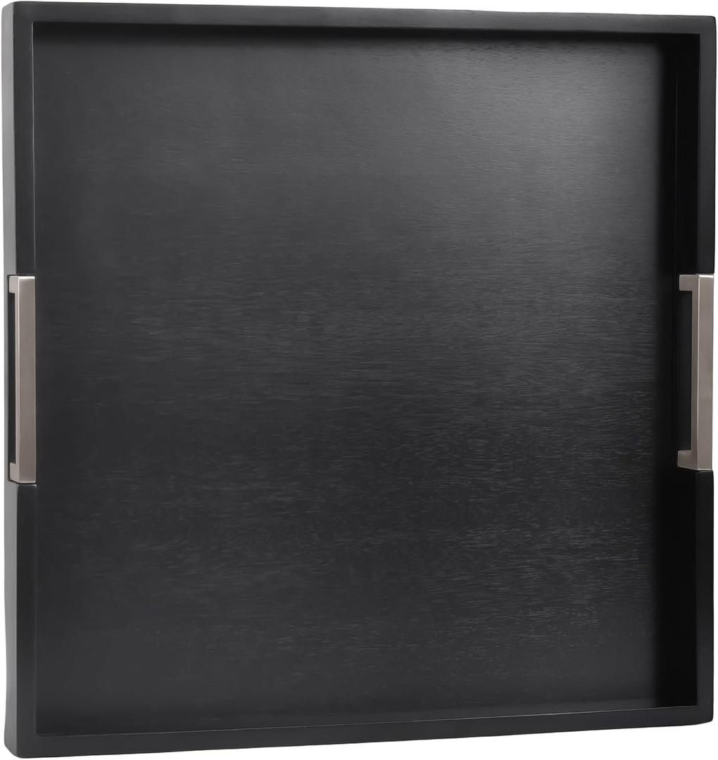 Joy&Grace Large Square Ottoman Tray for Living Room and Coffee Table Decorative Wood Serving Tray with Handles for Breakfast in Bed, Dinner Food TV (Black, 22" x 22" x 2")