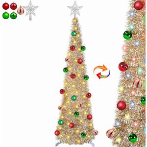 5 Ft Lighted Tinsel Pop Up Christmas Tree Happy New Year 2025 with 50 Warm White & Multicolor Changing Lights Timer 8 Mode Ball Ornaments Battery Operated Pencil Artificial Slim Tree Xmas Decoration
