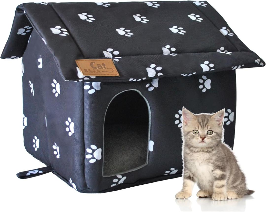 Cat House for Outdoor,Weatherproof Warm Feral Cats Shelter Outside/Indoor Collapsible Insulated Pet Houses Foldable Stray Cat Tent Cave for Kitty Puppy Small Animals Four Season(Black) - (S :13.4x11.8x13.8 in)
