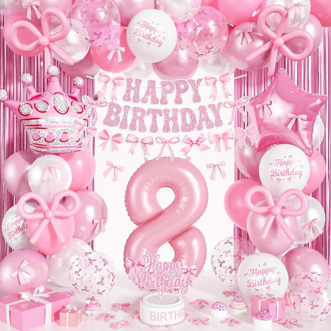 Pink Bow 8th Birthday Decorations for Girls, Coquette Party Decor Include 40 Inch Foil Number 8 Crown Star Balloon Long Latex Balloons Light Pink Bows Cake Topper Happy Birthday Banner Fringe Curtain