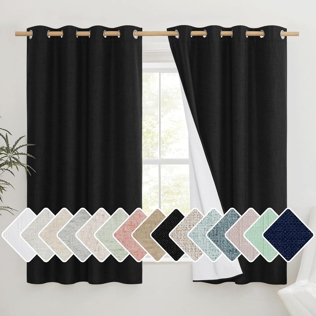 NICETOWN Vintage Open Linen Weave Flax Thermal Curtains, 100% Blackout Curtains 48 inches Long for Dining Room, Soundproof Window Treatment Drapes for Cupboard, Black, 52" Wide Per Panel, Set of 2 (52"W x 48"L (Pack of 2))