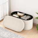 GLAXYFUR Oval Folding Storage Ottoman, Velvet Upholstered Foot Rest, 30 x 15 x 15 Inches Storage Bench for Bedroom, Living Room & Entryway (Beige-New)