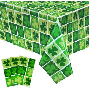 Tegeme 3 Pieces St. Patrick's Day Tablecloths Decoration Plastic Irish Shamrock Table Covers Disposable Waterproof Green Shamrock Table Cloth for St. Patrick's Day Party Supplies (54 x 87 Inch)