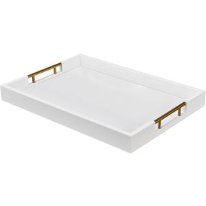 14x20 Inches White Faux Leather Wrapped Wood Serving Tray with Metal Handles for Various Occasions, Ottoman, Home Decor Decorative, Living Room, Coffee Table Organizer, Serving Breakfast On Bed