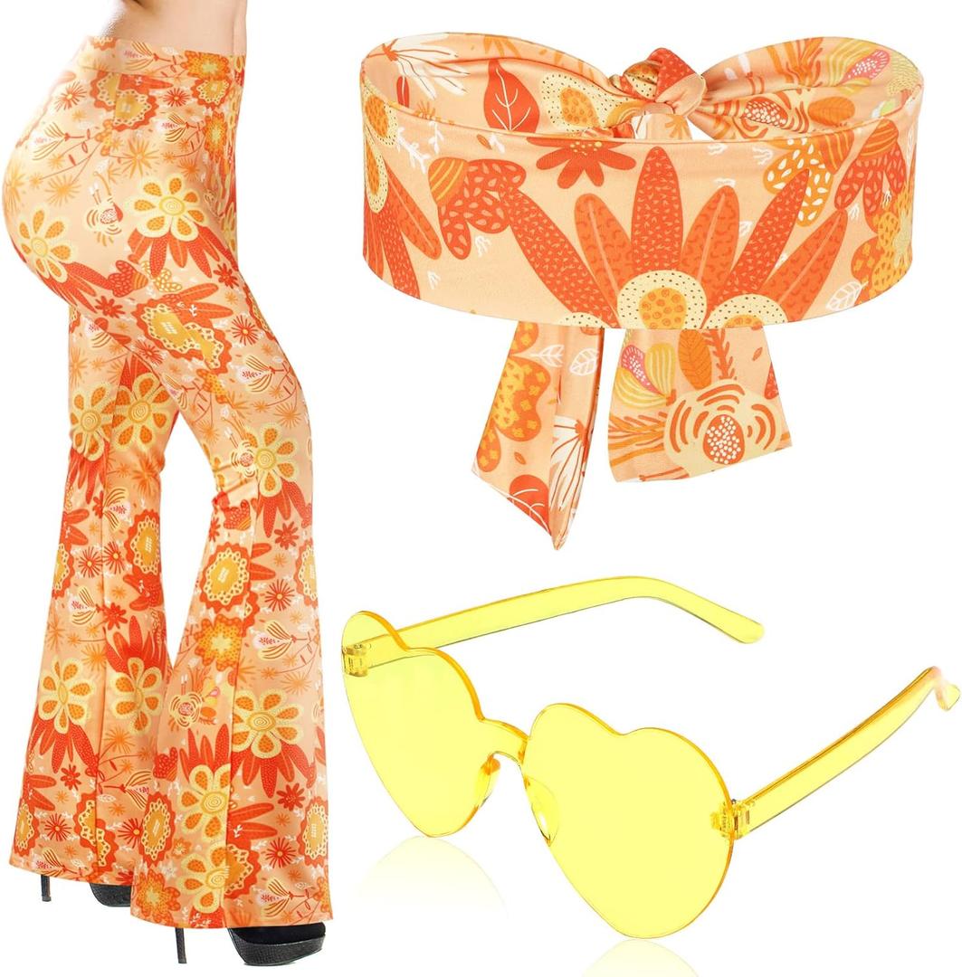 3 Pcs 60s 70s Outfit for Women Hippie Costume Set Disco Flared Pants Groovy Outfit Party Accessories M