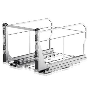 Insputer Double Pull Out Trash Can Under Cabinet with Push to Open Slides, Heavy Duty Under Sink Garbage Can Kit for Kitchen, Not Include Bin, Require 18" W X 24" D Cabinet, has Installation Video (Silver)