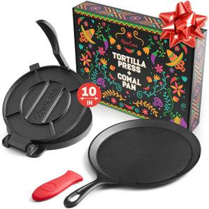 Uno Casa 10 Inch Cast Iron Tortilla Press & Comal Pan Bundle - Non-Stick, Heat-Resistant, Family Size, Gas Stovetop Compatible