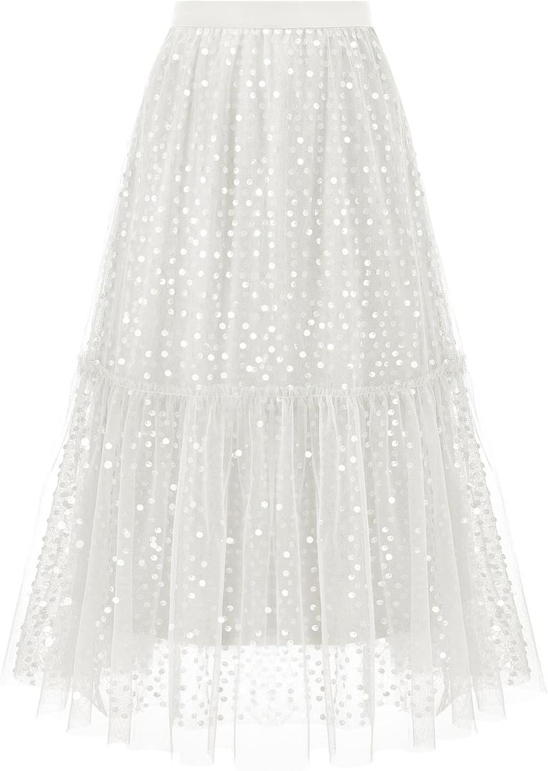 Sequin Tulle Skirts for Women Sparkly Midi Flowy A-Line Party Skirt Layered Skirts (White)