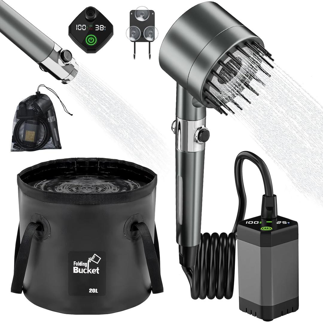 Portable Shower for Camping 6000mAh Rechargeable Shower Pump with Intelligent LED Display & 20L Foldable Bucket 4 Spray Modes Outdoor Shower Head IPX7 Waterproof for Hiking, Travel, Car, Pet, Beach