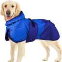 BRKURLEG Dog Raincoat Adjustable Dog Rain Jacket with Hood Dogs Waterproof Rainproof Jacket with Leash Hole Pet Poncho Rain Coat Poncho with Reflective Strip, Blue, XXXL (XXXL(Back Length26.7"))