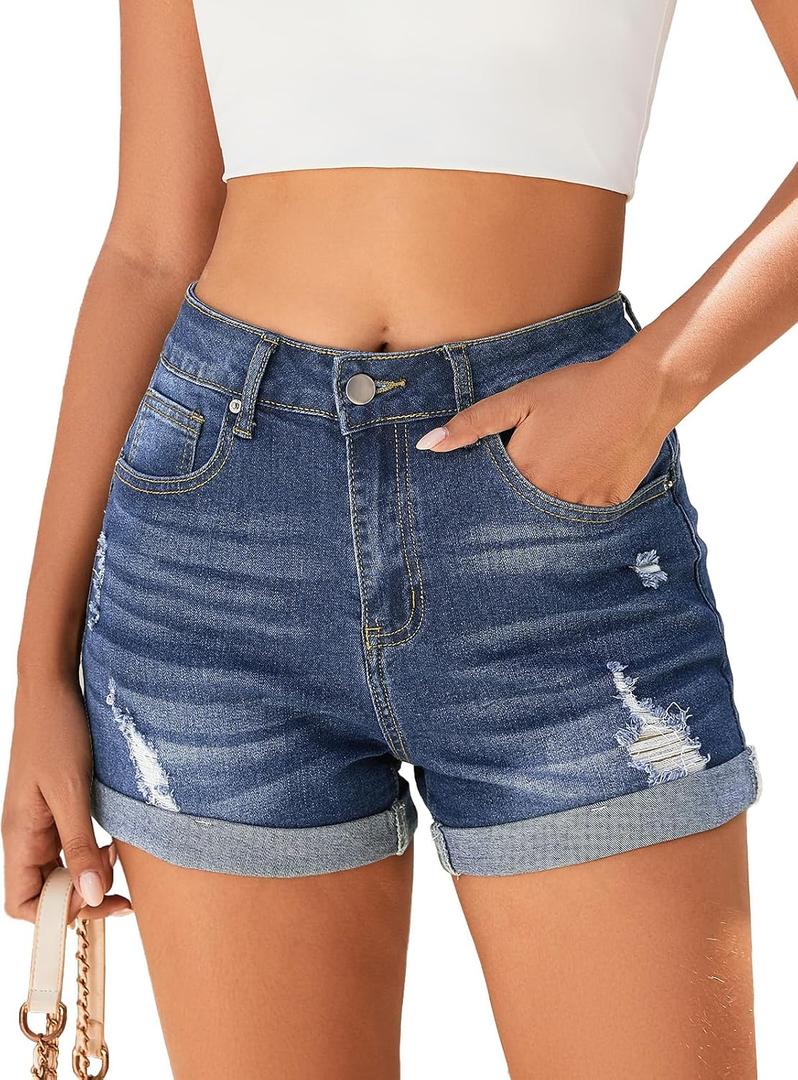 Bosmeer Women's Mid-High Rise Ripped Denim Shorts Stretchy Distressed Jean Shorts with Pockets Folded Hem Casual Summer Jorts, Size: L