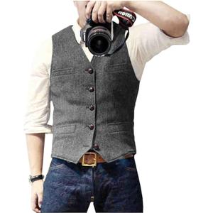 Mens Suit Vest Waistcoat Tweed Retro V Neck Wool Herringbone for Prom M/L