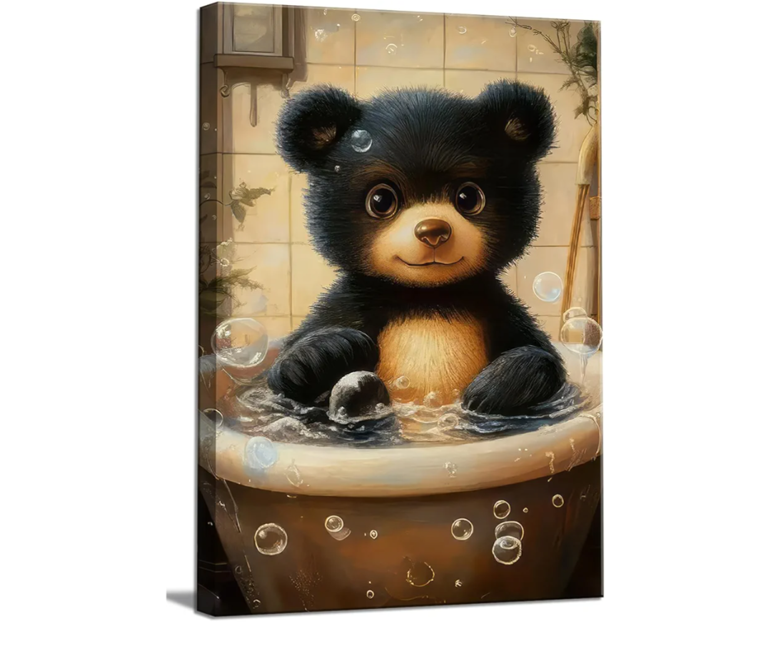 Bathroom Bear Canvas Wall Art Funny Toilet black Baby Bear painting Decor Pictures Nursery Kids Room Animal Posters Prints for living Children Bedroom Classroom Decoration