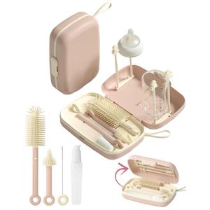Travel Baby Essentials, 7in1 Travel Baby Bottle Cleaning Kit, Baby Essentials for Flying Nipple, Drying Rack, Straw, Soap Dispenser Dish Soap for Bottles, Gift for Mom (Pink)