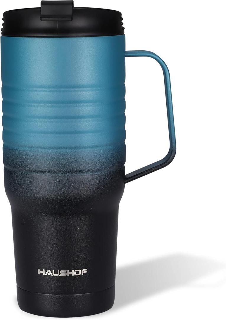 HAUSHOF 24 oz Travel Mug with Handle, Stainless Steel Vacuum Insulated Coffee Travel Mug, Double Wall Travel Mugs with Leakproof Lid, BPA Free (Blue & Black)