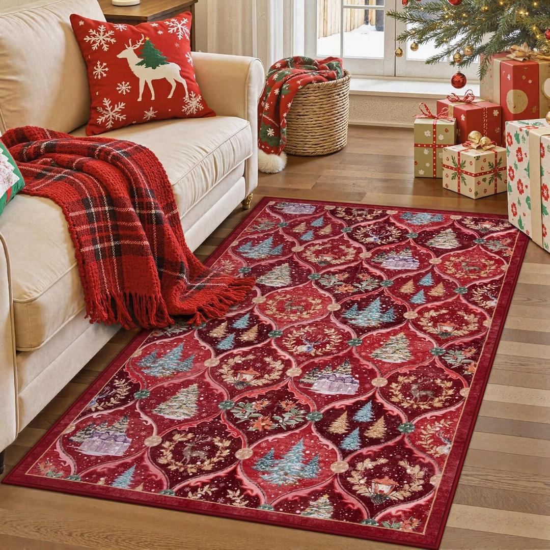 Lahome Christmas Area Rug 3x5, Washable Christmas Rugs for Living Room Bedroom, Soft Non Slip Red Xmas Low Pile Accent Carpet for Entryway Kitchen Winter Holiday Decor, Red