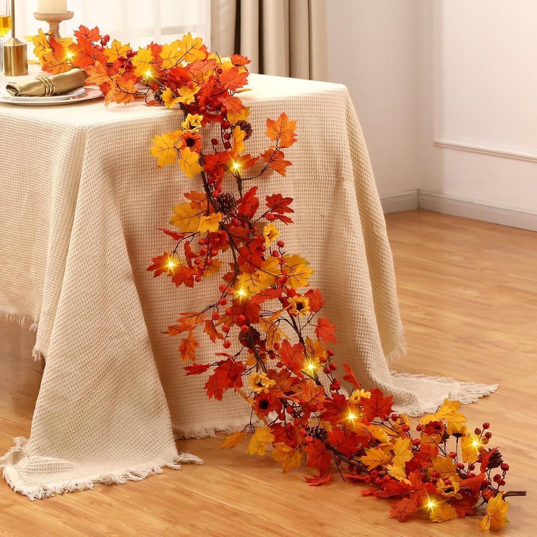 Jutom 13.2 ft Thanksgiving Fall Leaf Garland for Mantle with Light Maple Leaves Autumn Fall Decorations for Home with 50 LED Artificial Sunflower Berry Vine for Table Centerpiece Harvest