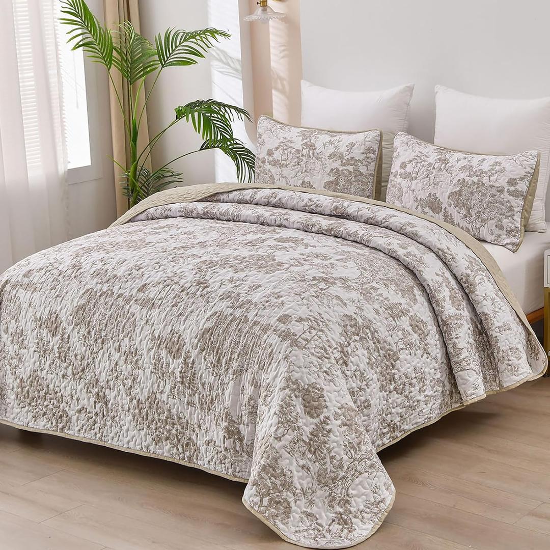 WONGS BEDDING Botanical Quilt Set Queen Size, Khaki 3 Pieces Toile Floral Plants Printed Bedspread Bedding Set Brown Soft Lightweight Microfiber Coverlet Set for All Season (96"x90")