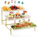 Lifewit Plastic 3 Tier Serving Tray for Party Supplies, 12" x 6.5" Crack-Proof Platters for Serving Food, White Reusable Trays with Gold Metal Display Stand for Veggie, Fruit, Cookies, Dessert