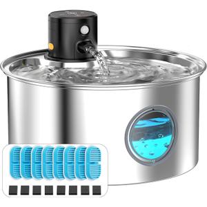 Cat Water Fountain with Motion Sensor: Rechargeable Cat Fountain Wireless - Metal Pet Water Fountain Powered by 4000 mAh Battery - 108oz/3.2L Cordless Animals Water Fountain Inductor -16 Filters