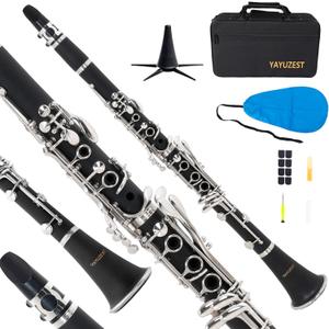 YAYUZEST Bb Clarinet for Beginners, Bb Nickel-plated 17 Keys Clarinet for Students, Professionals and School Bands, with Hard Foam Case Barrels*2 Pads*8 Stand Cleaning Kit and White Gloves (Black)