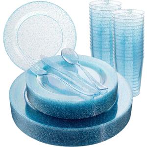 Rubtlamp 180Pcs Blue Glitter Dinnerware Set(30 Guests), Blue Plastic Plate With Gitter Disposable Silverware, Gitter Plate Set Include 30Dinner Platos, 30Dessert Platos, 90Cutlerys, 30Cups for Party