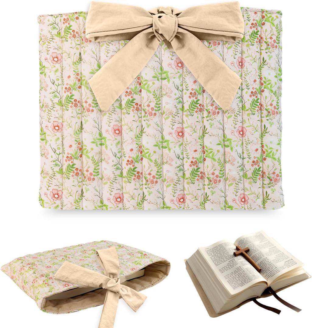 Bible Cover Case for Women,Large Bible Tote Bags for Women Organizer Quilted Bible Carrying Case(new) (Khaki Flower)