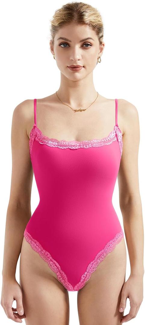SUUKSESS Women Square Neck Lace Bodysuit Sleeveless Spaghetti Strap Tank Top (Small, Hot Pink)