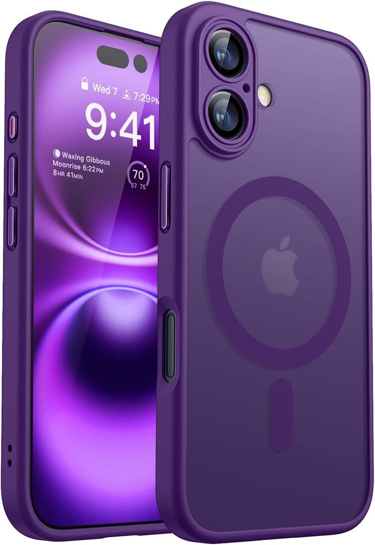 CANSHN Magnetic for iPhone 16 Case, Upgraded [Full Camera Protection] [Compatible with Magsafe] [Translucent Matte] Shockproof Protective Phone Case for iPhone 16 - Deep Purple