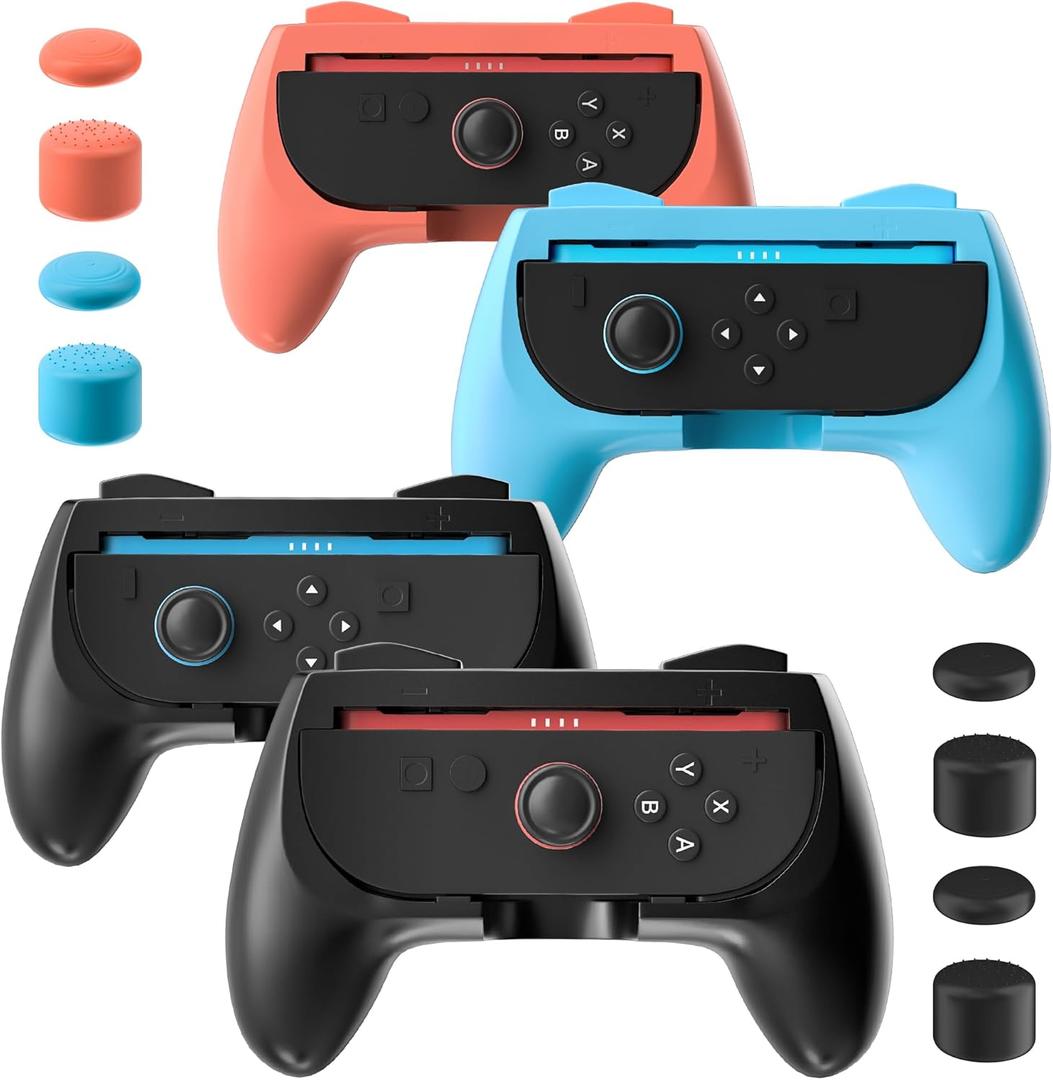 GLDRAM Grips for Nintendo Switch 2 Joycon, Comfort & Wear-Resistant Joycon 2 Grip, Switch 2 Accessories with Ergonomic Controller Handle & 8 Thumb Grip Caps - Black & Blue-Orange (4 Pack)