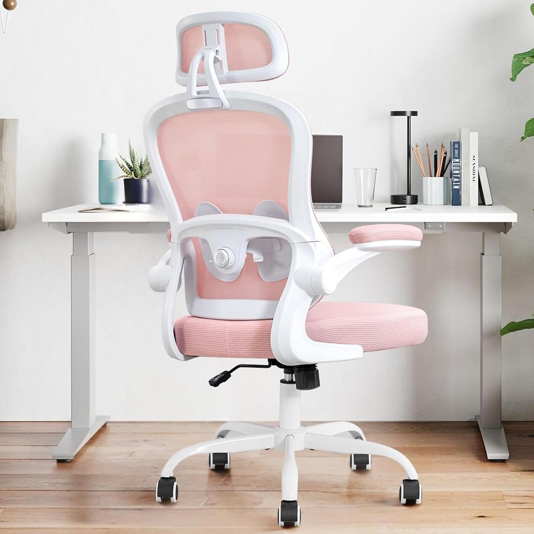 Ergonomic Office Chair,Ultra Thick Office Desk Chair with Adjustable Lumbar Support and Headrest,Spring Cushion,Rocking Function,Flip-up arms,Mesh Computer Chair for Home Office,Pink
