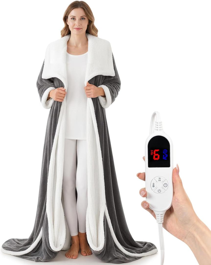 DAILYLIFE Wearable Heated Blanket with Foot Pocket, 52"x72" Electric Blanket with Sleeves for 6 Heat Settings, 12 Hours Timer, Flannel & Sherpa, Deep Gray