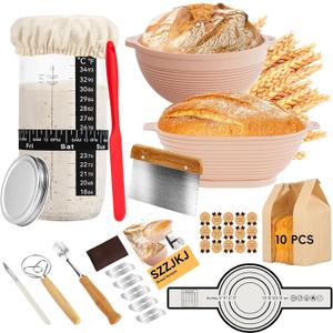 Sourdough Starter Kit, 24PCS Sourdough Bread Baking Supplies, Silicone Banneton Bread Proofing Basket Set of 2, Sourdough Starter Kit Beginners with 10pcs Bread Bags for Baking Lovers