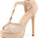MERUMOTE Women's Peep Toe Platform 5 inch Stiletto Heels Rhinestone Sparkly Lace Heels Sexy Prom Shoes, 8