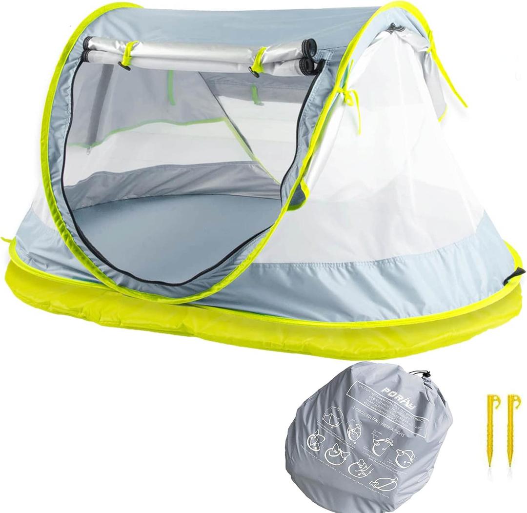 Poray Portable Baby Beach Tent with UPF 50+ Sun Shelter,Mosquito Net and Sunshade, Ideal Pop Up Kids Travel Tent with Carry Bag & 2 Stakes,Outdoor Indoor Play and Sun Protection Large Deluxe Gray & Mat