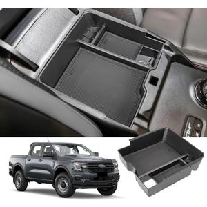 Center Console Organizer Tray Compatible with 2024 2025 Ford Ranger Raptor Lariat XL XLT Armrest Storage Box Insert Interior Accessories-ONLY FIT Electric Handbrake Version