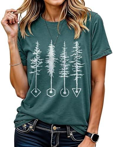 Women's Summer Pine Tree T-Shirts for Women Hiking Camping Athletic Graphic Loose Tees Crew Neck Short Sleeve