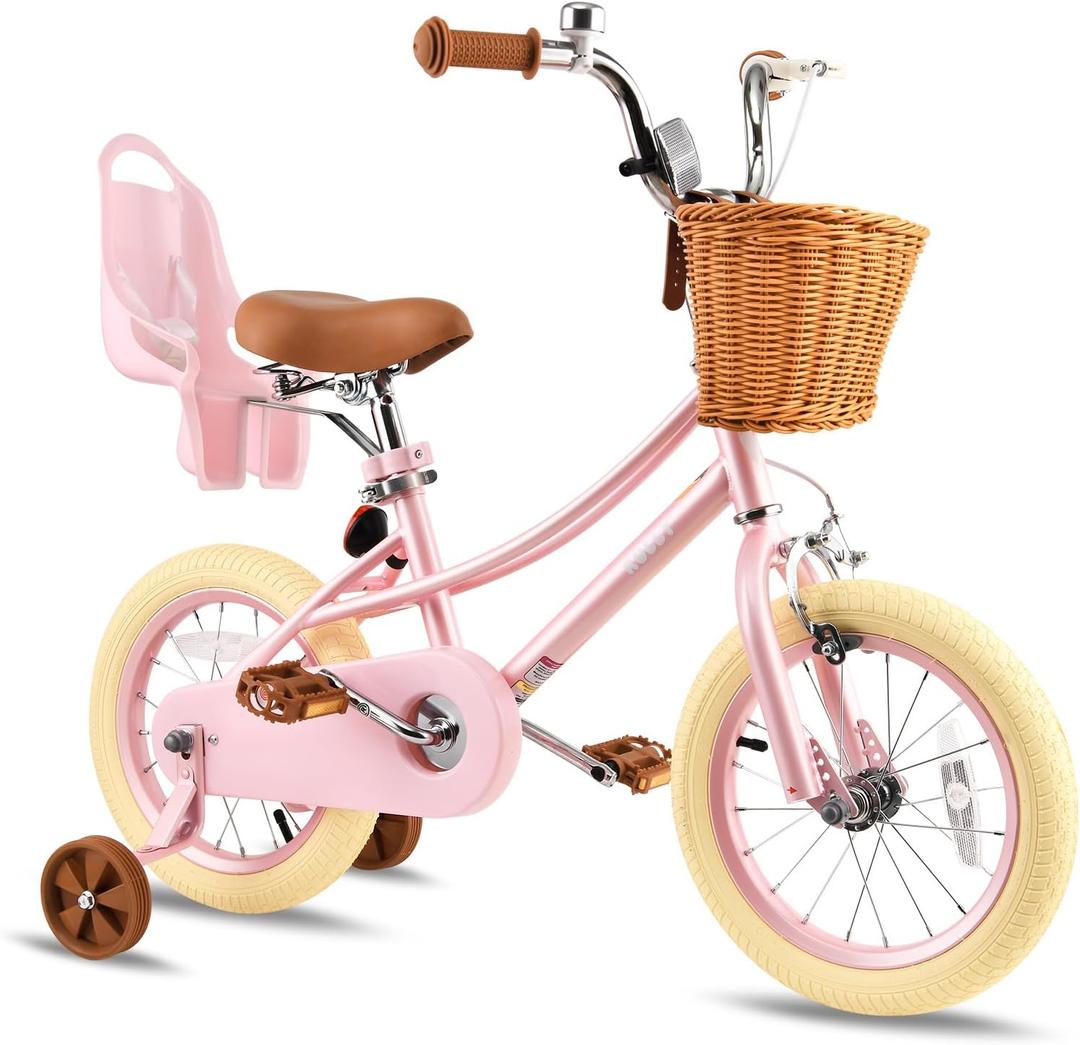 RULLY 16 Inch Girls Bike for 4-7 Years, Kids Bicycle with Training Wheels, Basket & Doll Seat, Retro Pink Toddler Bike with Coaster Brake