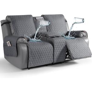 TAOCOCO 100% Waterproof Loveseat Recliner Couch Covers with Console,Double Reclining Couch Cover Non-Slip Sofa Slipcovers Washable,Furniture Protector Covers for Dog,Pets(2 Seater,Dark Gray)
